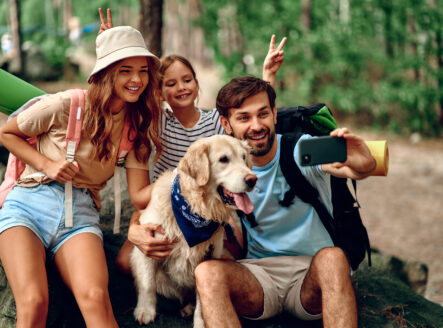 Mom and dad with their daughter with backpacks and a labrador dog take a selfie on the phone while sitting on a stone in the forest. Camping, travel, hiking.